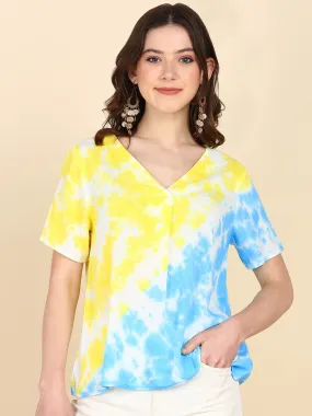 Half Sleeves Tie Dyed Front Pleated Rayon Top