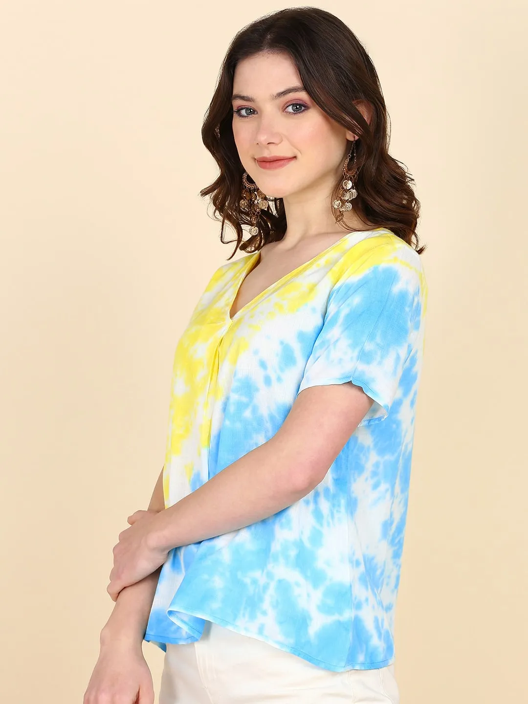 Half Sleeves Tie Dyed Front Pleated Rayon Top
