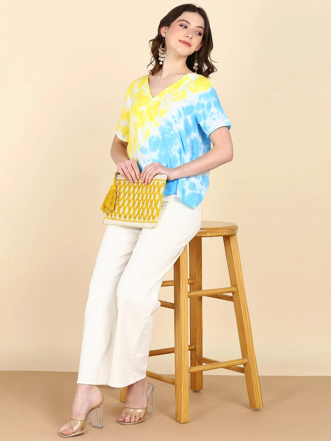 Half Sleeves Tie Dyed Front Pleated Rayon Top