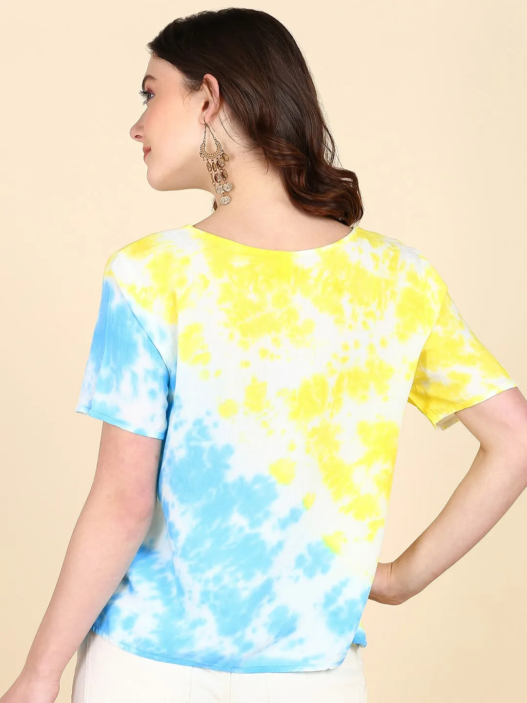 Half Sleeves Tie Dyed Front Pleated Rayon Top