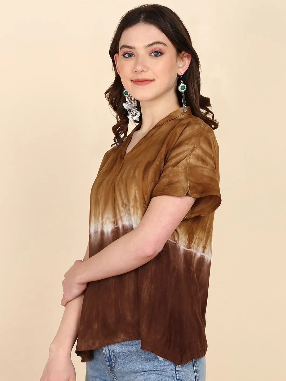 Half Sleeves Tie Dyed Invert Collar Rayon Top