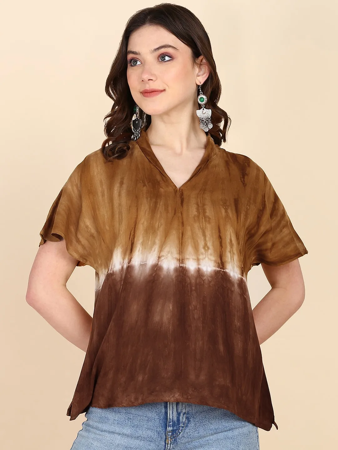 Half Sleeves Tie Dyed Invert Collar Rayon Top