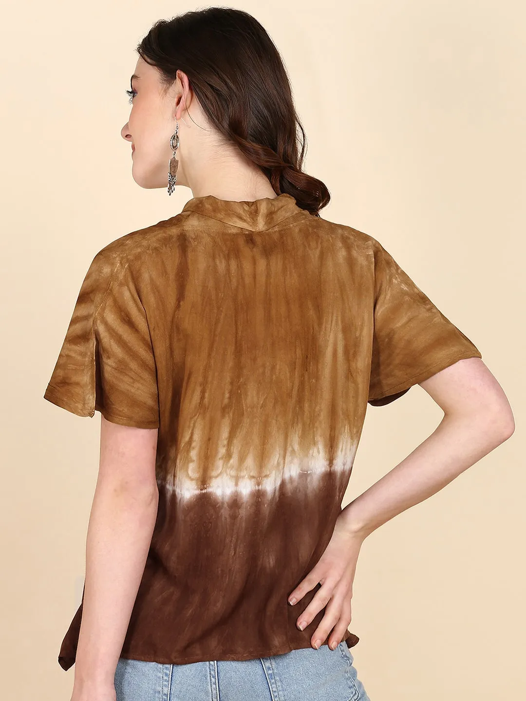 Half Sleeves Tie Dyed Invert Collar Rayon Top