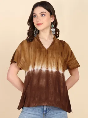 Half Sleeves Tie Dyed Invert Collar Rayon Top