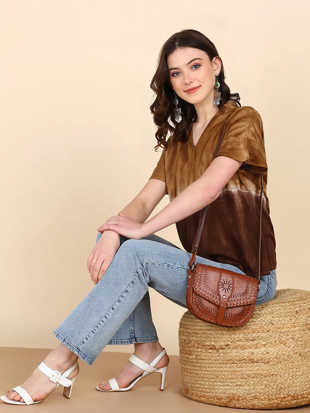 Half Sleeves Tie Dyed Invert Collar Rayon Top