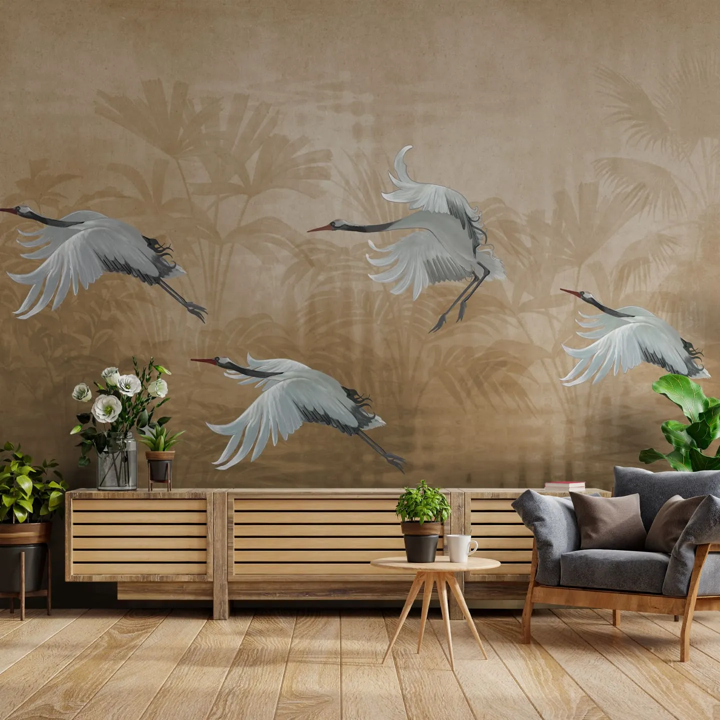 Musafir Beautiful Cranes Brown Wallpaper