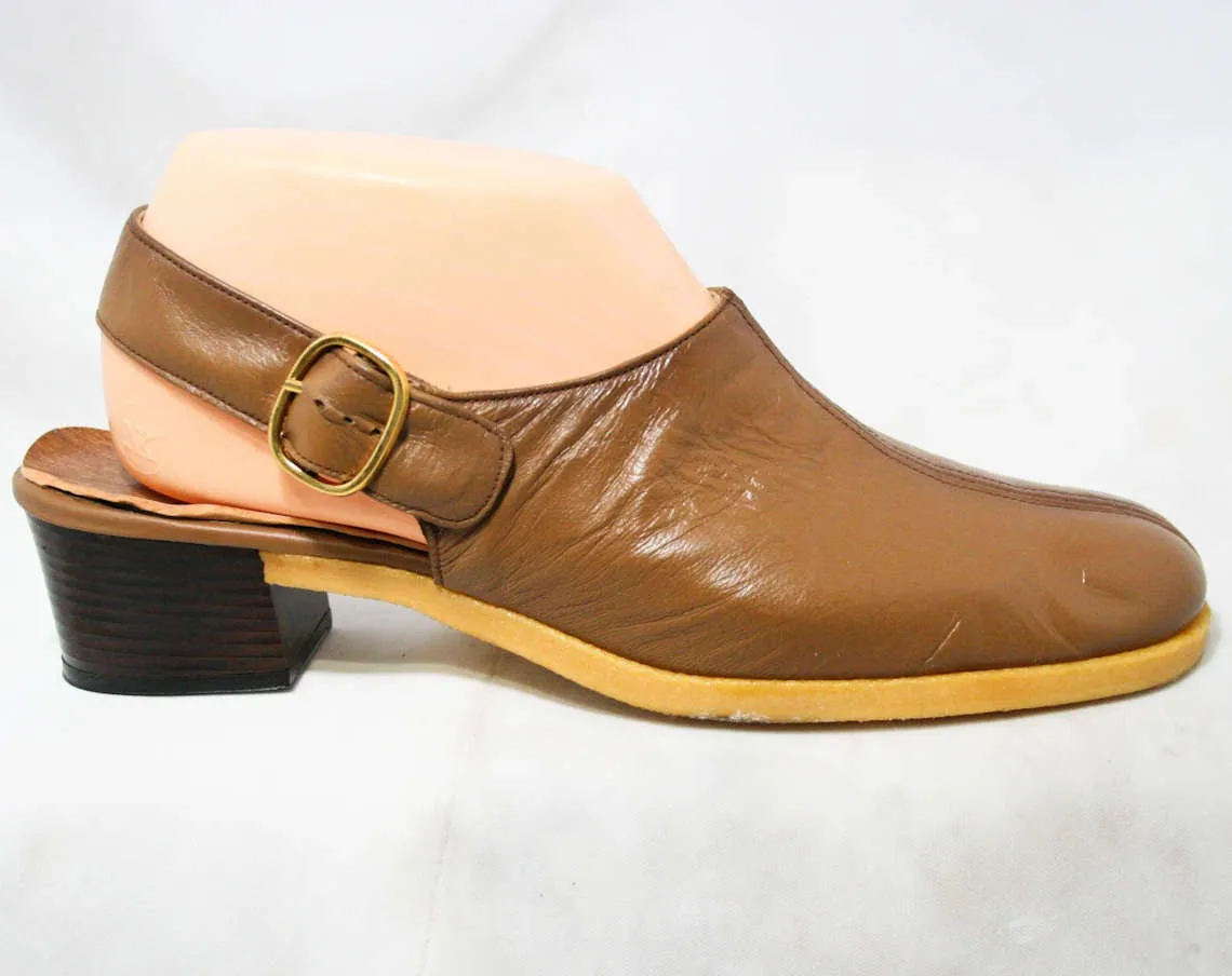 Size 9 1960s Shoes - Go Go Girl Brown Leather Slingback 60s Shoe - Supple & Soft - Buckled Straps - Mod 60s Chic - Stacked Heel - 43665-1