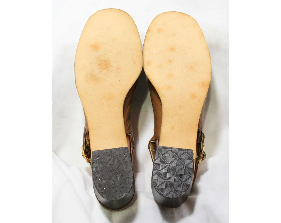 Size 9 1960s Shoes - Go Go Girl Brown Leather Slingback 60s Shoe - Supple & Soft - Buckled Straps - Mod 60s Chic - Stacked Heel - 43665-1
