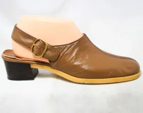 Size 9 1960s Shoes - Go Go Girl Brown Leather Slingback 60s Shoe - Supple & Soft - Buckled Straps - Mod 60s Chic - Stacked Heel - 43665-1
