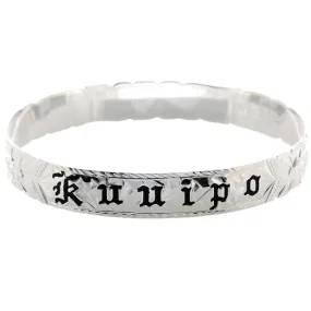 Sterling Silver Custom-Made Plumeria King Scroll Black Enamel Letter Cut Out Edge Bangle (Heavy 1.75) Sterling Silver Custom-Made Plumeria King Scroll Black Enamel Letter Cut Out Edge Bangle (Heavy 1.75)